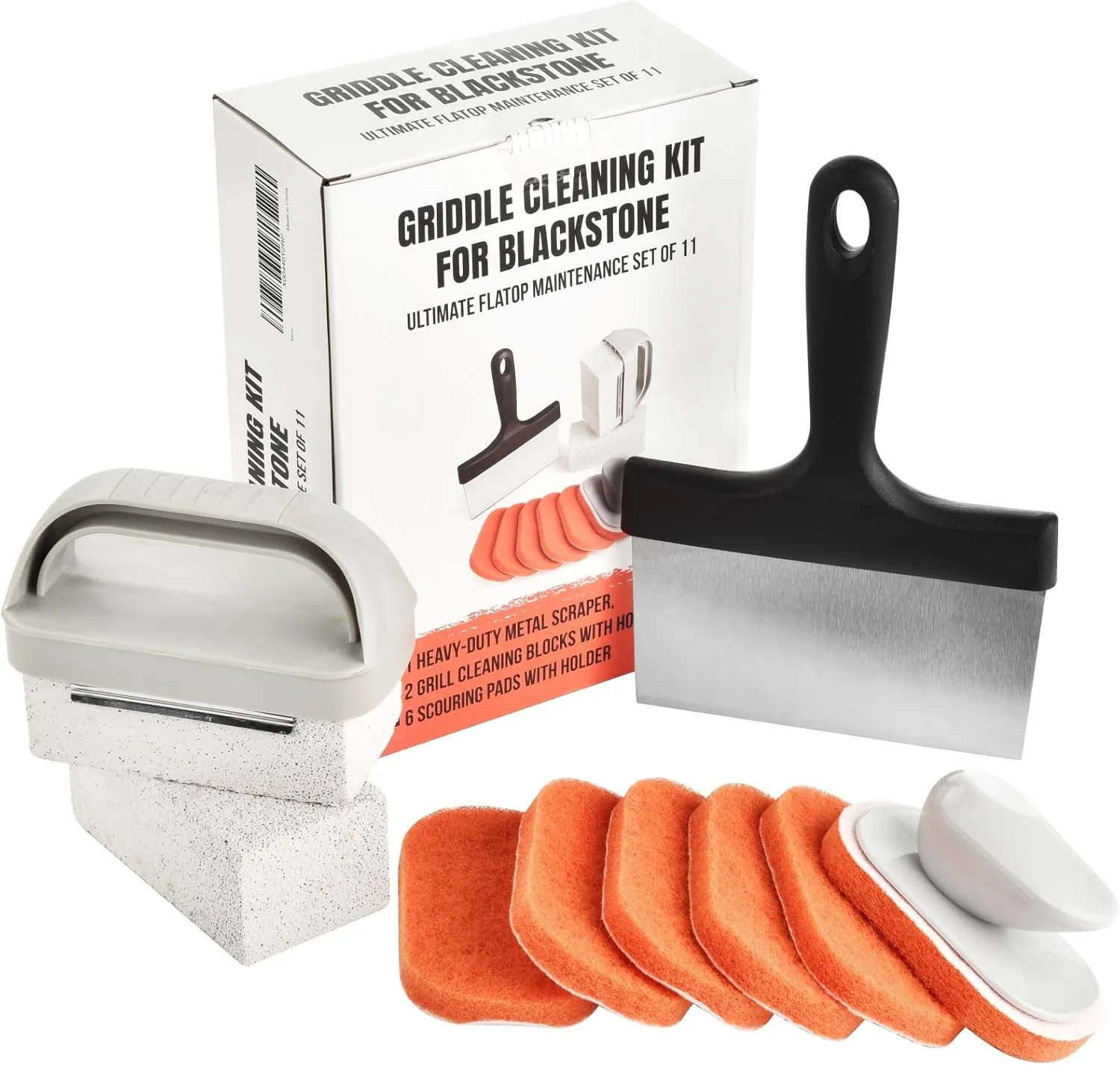 Griddle Cleaning Kit for Blackstone- Heavy-Duty Metal Scraper, 2 Grill Cleaning Blocks, and 6 Scouring Pads with Holder - Ultimate Flatop Maintenance Set