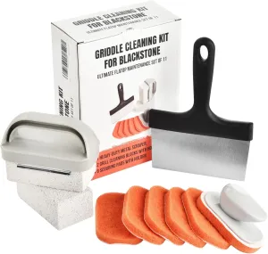 Griddle Cleaning Kit for Blackstone- Heavy-Duty Metal Scraper, 2 Grill Cleaning Blocks, and 6 Scouring Pads with Holder - Ultimate Flatop Maintenance Set