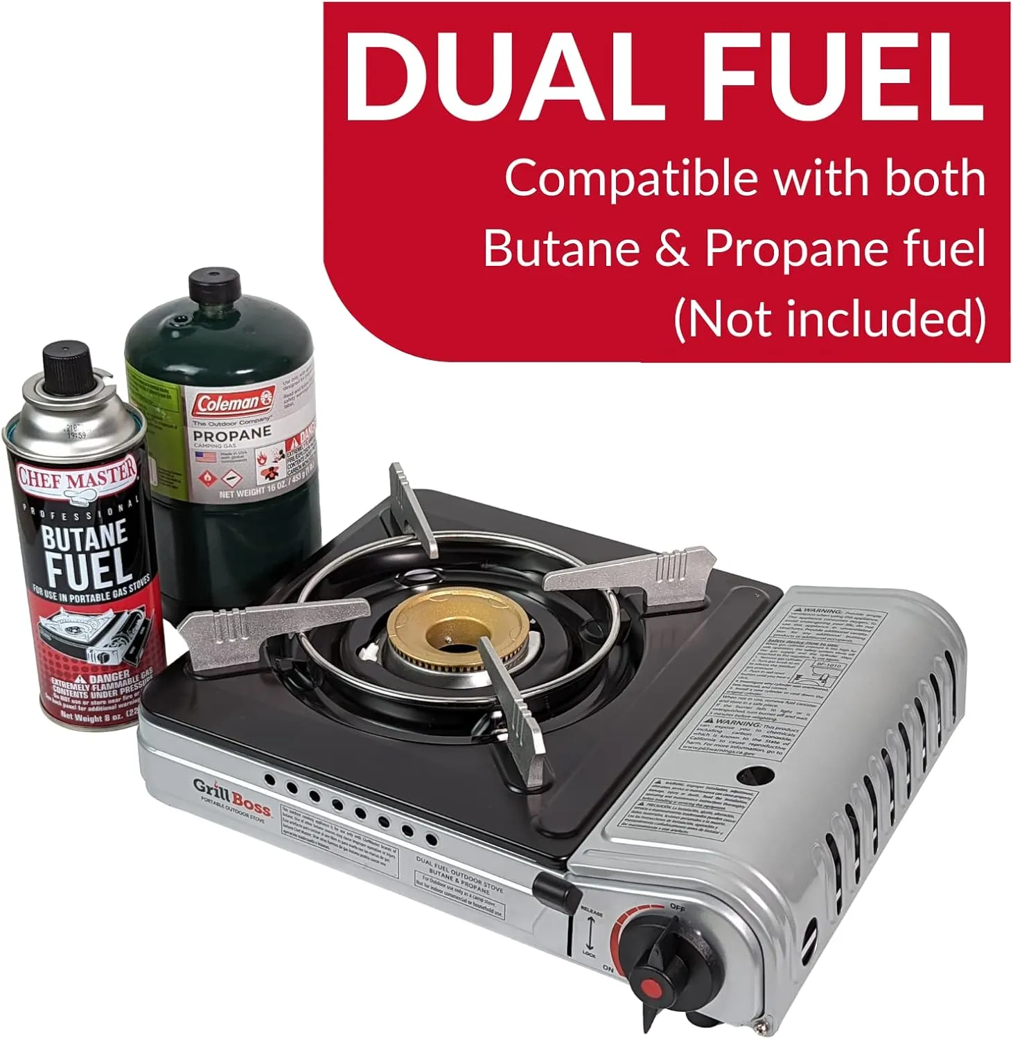 Grill Boss Dual Fuel Portable Stove, Dual Fuel Butane & Propane Stoves, 12K BTU Butane Camp Stove & Propane Portable Camping Stoves for Emergencies, Outdoor BBQ, Cooking, Hikings & Backpacking - 90057