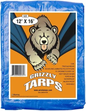 Grizzly Tarps by B-Air 12' x 16' Large Multi-Purpose Waterproof Heavy Duty Poly Tarp with Grommets Every 36", 8x8 Weave, 5 Mil Thick, for Home, Boats, Cars, Camping, Protective Cover, Blue