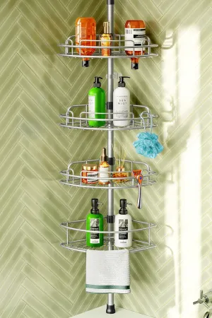 HAMITOR Corner Shower Caddy Tension Pole: 4-Tier Rust-Resistant Adjustable Bathroom Organizer Shelves - 47-121 Inch No-Drill Quick Installation - Space-Saving Storage for Renters Family - Silver Gray