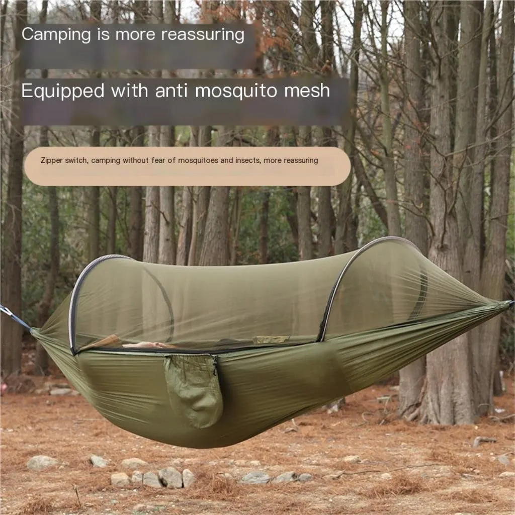 Hammocks Outdoor Anti-Rollover Nylon Hammock with Mosquito Net Automatic Quick-Opening Pole Mosquito Net Hammock Camping Hammocks(A)