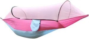Hammocks Outdoor Anti-Rollover Nylon Hammock with Mosquito Net Automatic Quick-Opening Pole Mosquito Net Hammock Camping Hammocks(Pink)