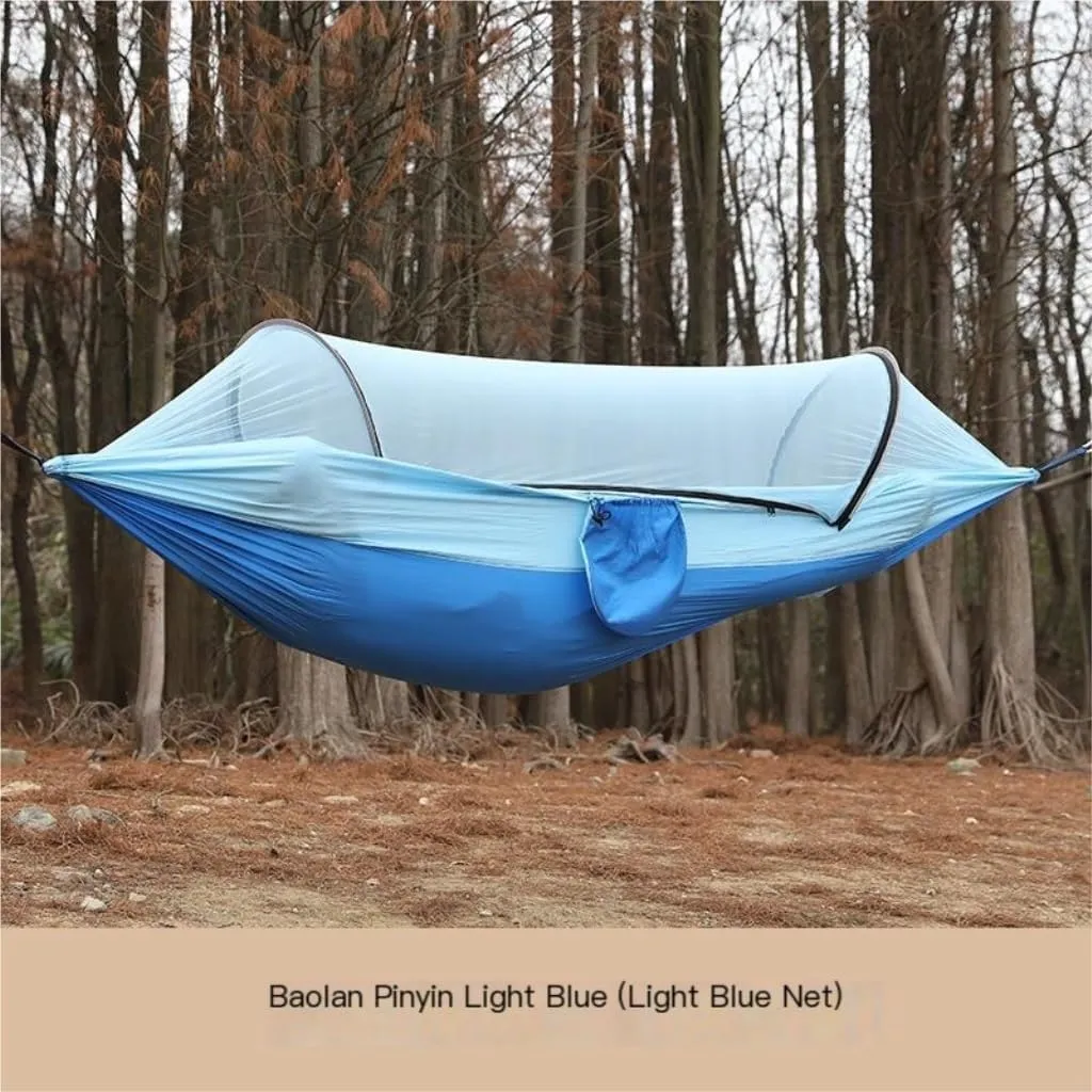 Hammocks Outdoor Anti-Rollover Nylon Hammock with Mosquito Net Automatic Quick-Opening Pole Mosquito Net Hammock Camping Hammocks(Pink)