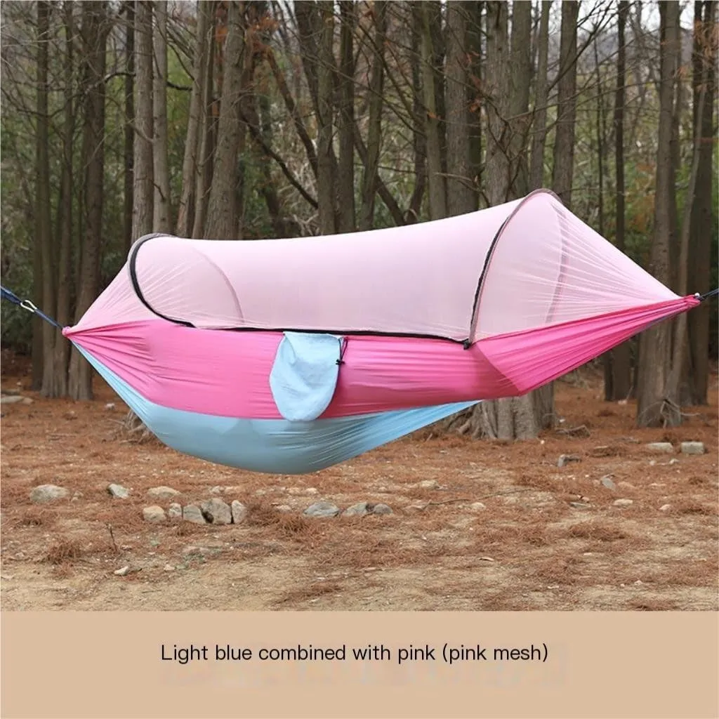 Hammocks Outdoor Anti-Rollover Nylon Hammock with Mosquito Net Automatic Quick-Opening Pole Mosquito Net Hammock Camping Hammocks(Pink)