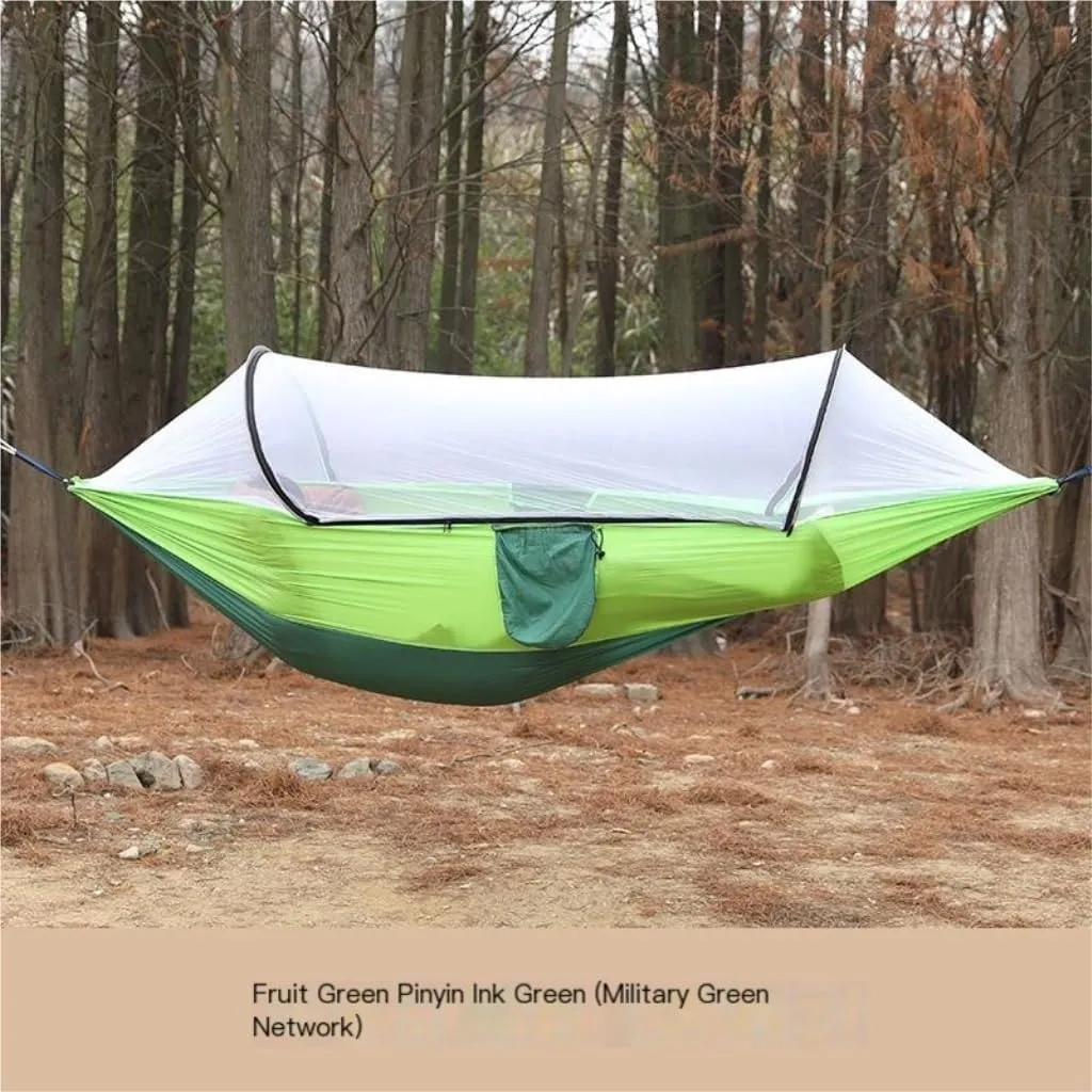 Hammocks Outdoor Anti-Rollover Nylon Hammock with Mosquito Net Automatic Quick-Opening Pole Mosquito Net Hammock Camping Hammocks(Pink)