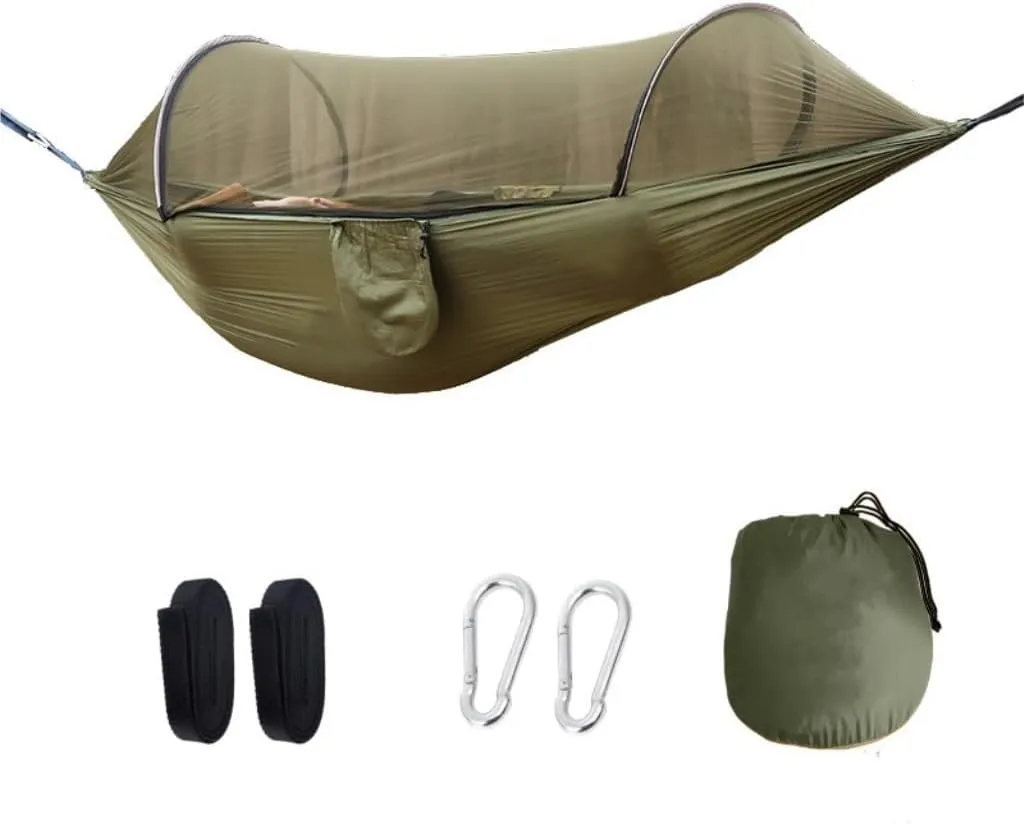 Hammocks Outdoor Anti-Rollover Nylon Hammock with Mosquito Net Automatic Quick-Opening Pole Mosquito Net Hammock Camping Hammocks(Pink)