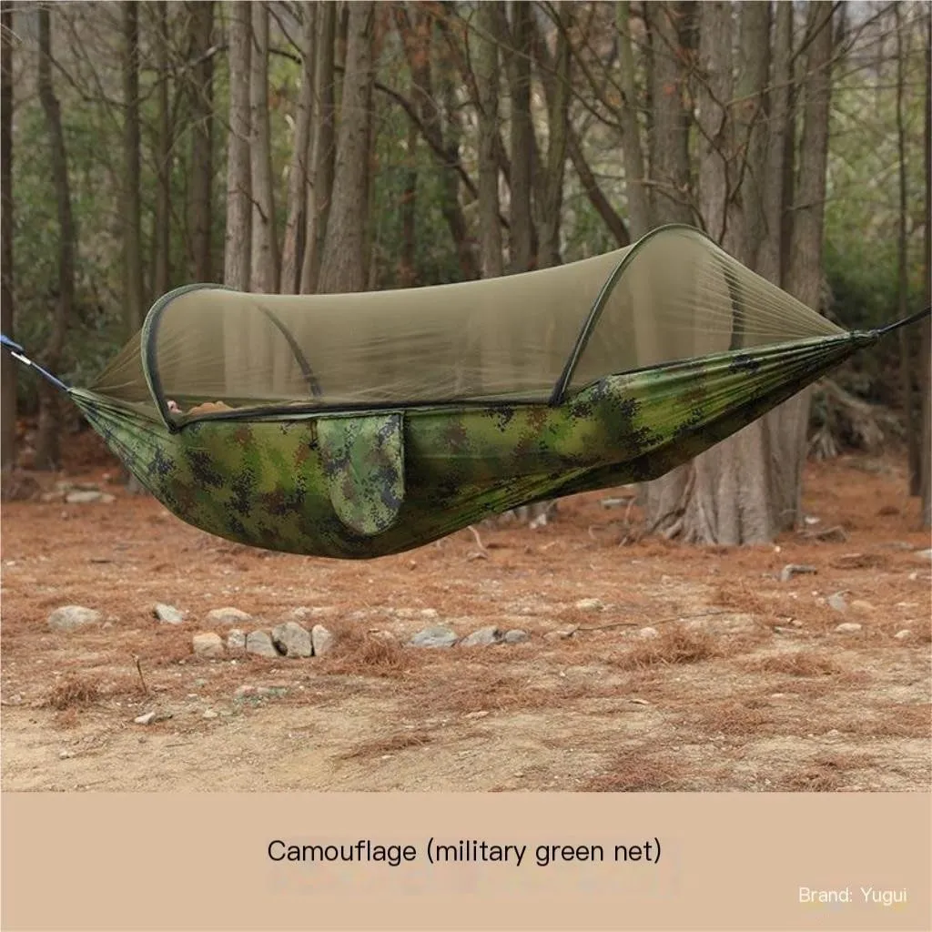 Hammocks Outdoor Anti-Rollover Nylon Hammock with Mosquito Net Automatic Quick-Opening Pole Mosquito Net Hammock Camping Hammocks(Pink)