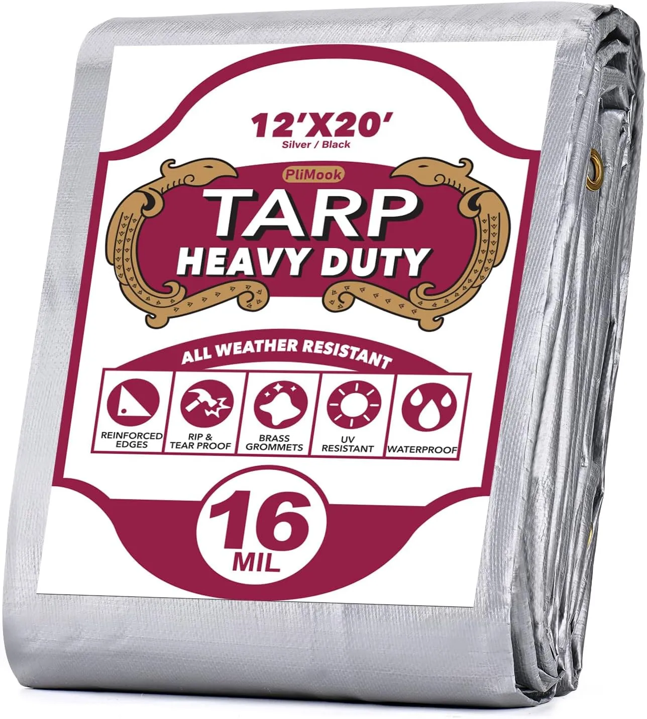 Heavy Duty 12x20FT Tarp, 16 Mil Waterproof with Brass Grommets and Reinforced Edges, UV Resistant, Rip & Fade Proof, Large Tarp for Shelter, Camping, Car Tent
