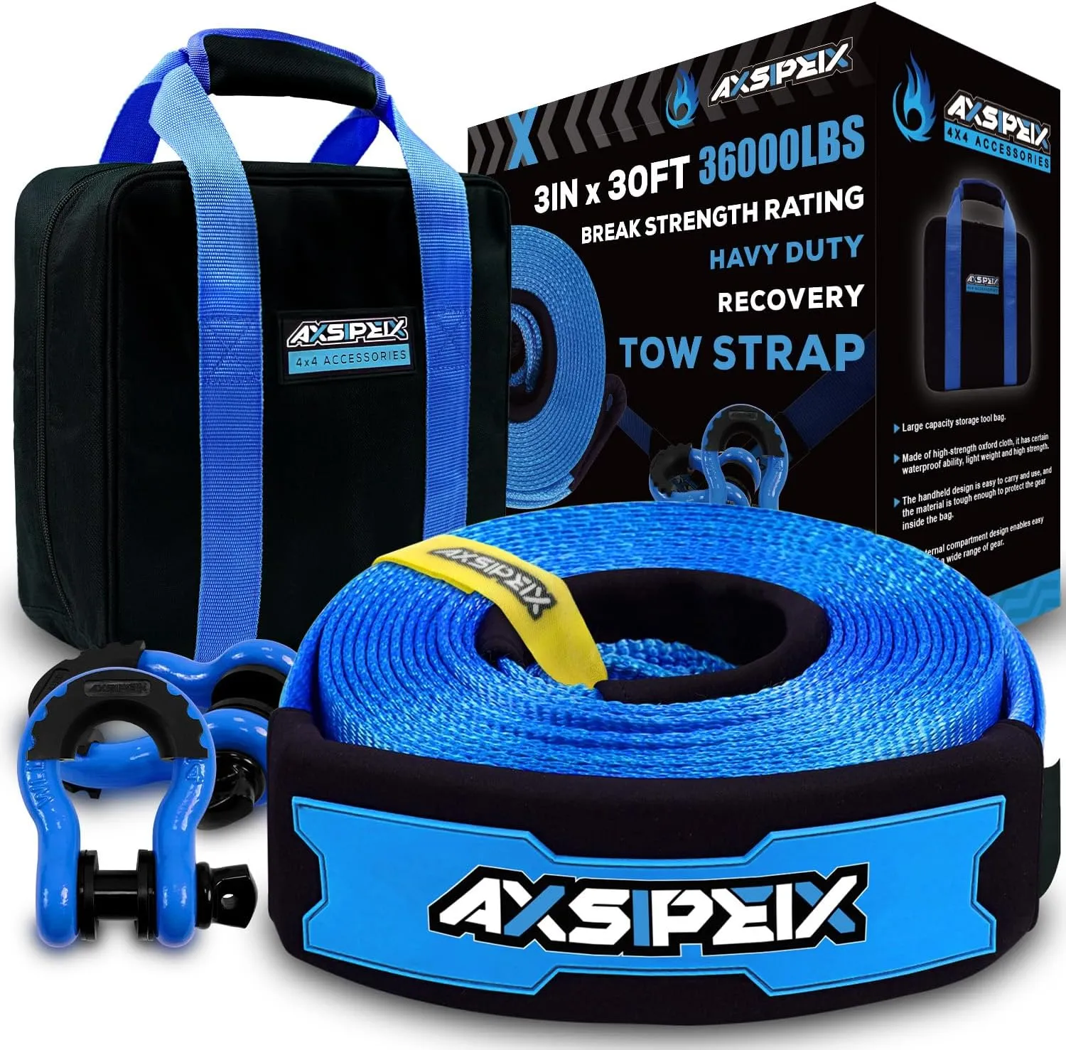 Heavy Duty Recovery Tow Strap 3 in x 30ft, Certified 36000Lbs Break Strength, Heavy Duty Reinforced Draw String, D - Ring Shackles, Tool Storage Bag are Included, Reinforced Loop Straps