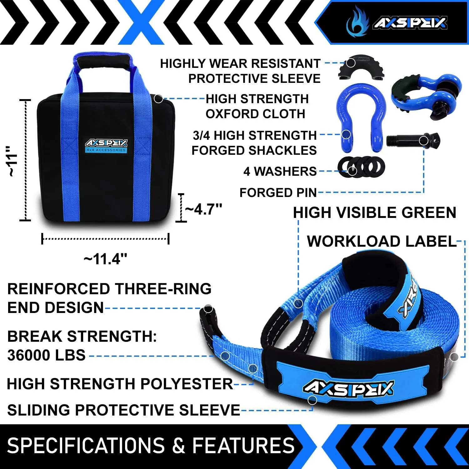 Heavy Duty Recovery Tow Strap 3 in x 30ft, Certified 36000Lbs Break Strength, Heavy Duty Reinforced Draw String, D - Ring Shackles, Tool Storage Bag are Included, Reinforced Loop Straps