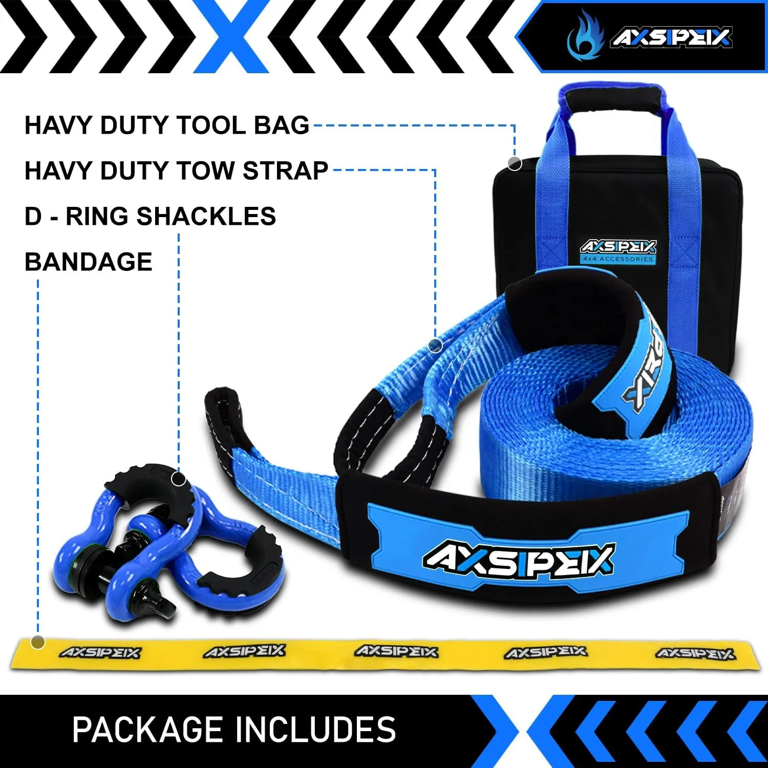 Heavy Duty Recovery Tow Strap 3 in x 30ft, Certified 36000Lbs Break Strength, Heavy Duty Reinforced Draw String, D - Ring Shackles, Tool Storage Bag are Included, Reinforced Loop Straps