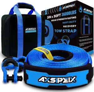Heavy Duty Recovery Tow Strap 3 in x 30ft, Certified 36000Lbs Break Strength, Heavy Duty Reinforced Draw String, D - Ring Shackles, Tool Storage Bag are Included, Reinforced Loop Straps