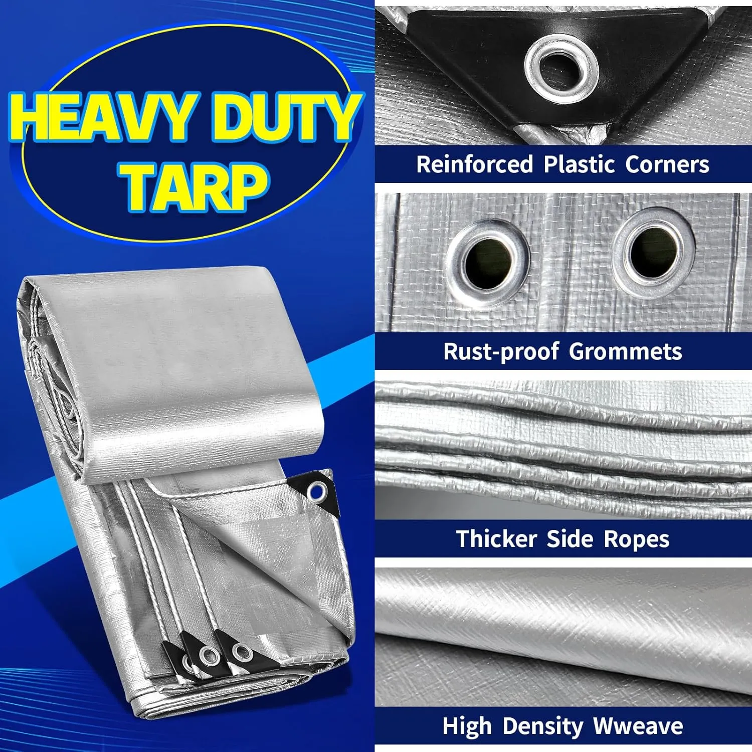 Heavy Duty Tarp 6' X 8', 16 Mil Small Waterproof Tarps, High Durability, UV Resistant, Tear Resistant with Grommets Every 18 Inches for Outdoor