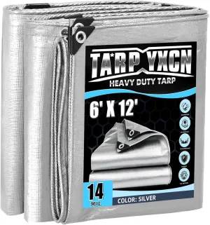 Heavy Duty Tarp 6x12 Feet, 14 Mil Waterproof Poly Tarps Cover UV Resistant, Rip & Tear Proof with Metal Grommets Every 20 Inches Silver Tarp by TA*RP YXCN