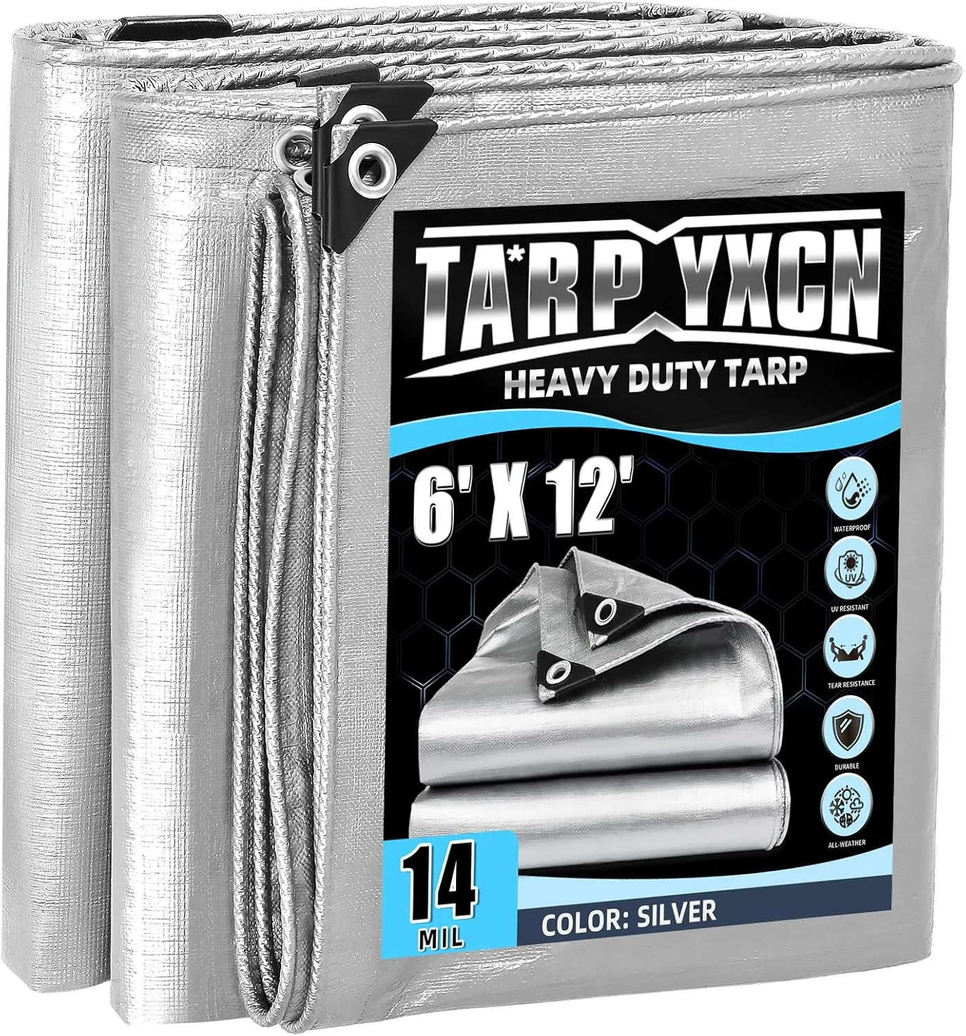 Heavy Duty Tarp 6x12 Feet, 14 Mil Waterproof Poly Tarps Cover UV Resistant, Rip & Tear Proof with Metal Grommets Every 20 Inches Silver Tarp by TA*RP YXCN