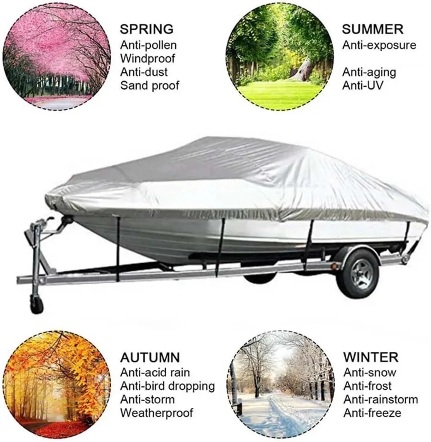 Heavy Duty Trailerable Boat Cover Waterproof Yacht Cover 11–22ft – Anti-Tear & Silver Reflective Fabric(11-13FT)