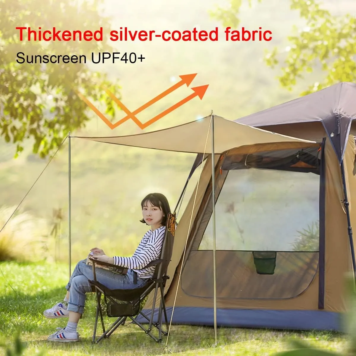 Holiday Tent Camping Tent for Adult Kids 4 Person Family Tent Waterproof, Garden Tent with Hall, Sun Shade, Sun Protection,10 Ground Pegs,6 Rope,2 Poles