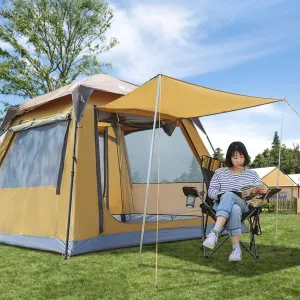 Holiday Tent Camping Tent for Adult Kids 4 Person Family Tent Waterproof, Garden Tent with Hall, Sun Shade, Sun Protection,10 Ground Pegs,6 Rope,2 Poles