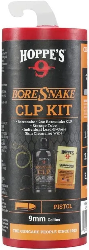 Hoppes Boresnake CLP Cleaning Kit for 9mm Pistol, Gun Snake for Gun Cleaning Kit