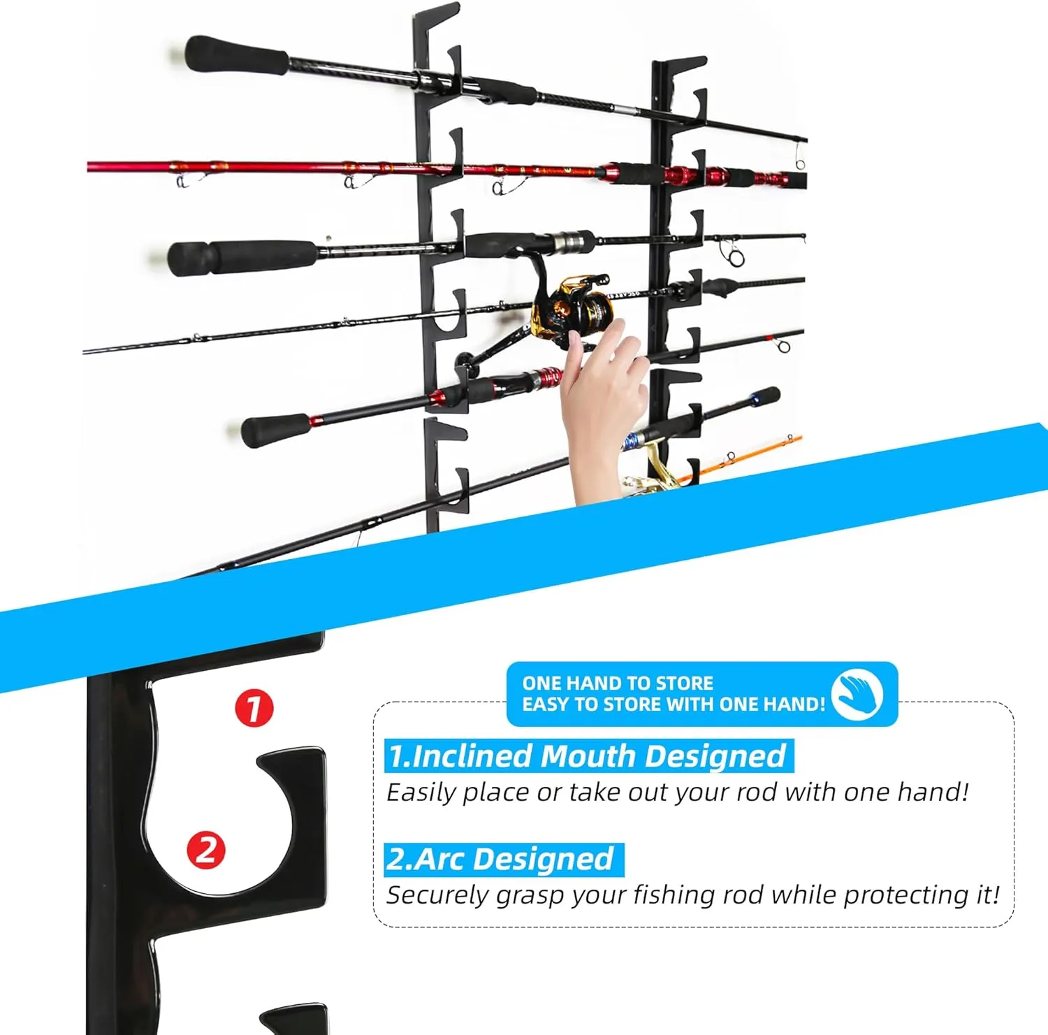 Horizontal Fishing Rod Holders for Garage, Durable Metal Fishing Pole Holders for Garage, Wall Ceiling Mounted Fishing Rod Rack, Premium Garage Organization for 10 Rods or Combos