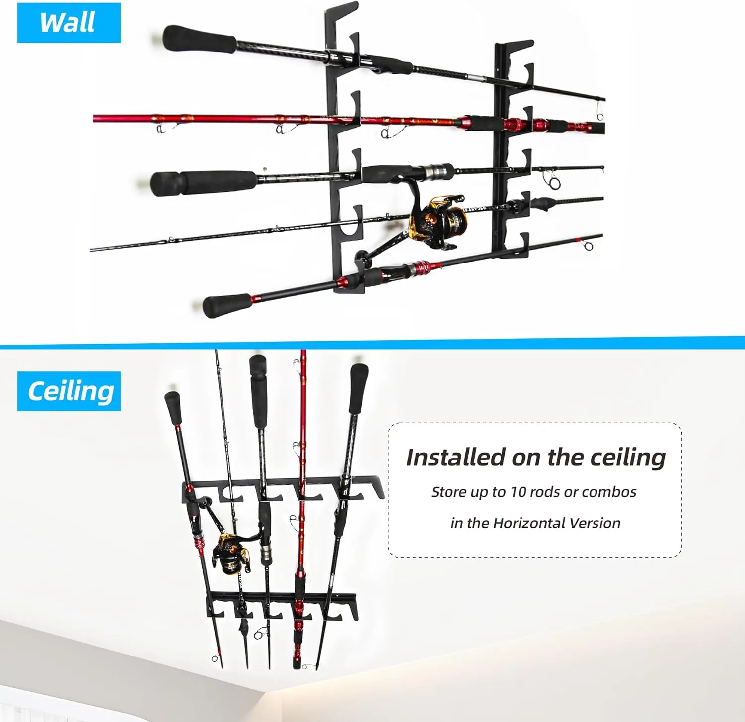 Horizontal Fishing Rod Holders for Garage, Durable Metal Fishing Pole Holders for Garage, Wall Ceiling Mounted Fishing Rod Rack, Premium Garage Organization for 10 Rods or Combos