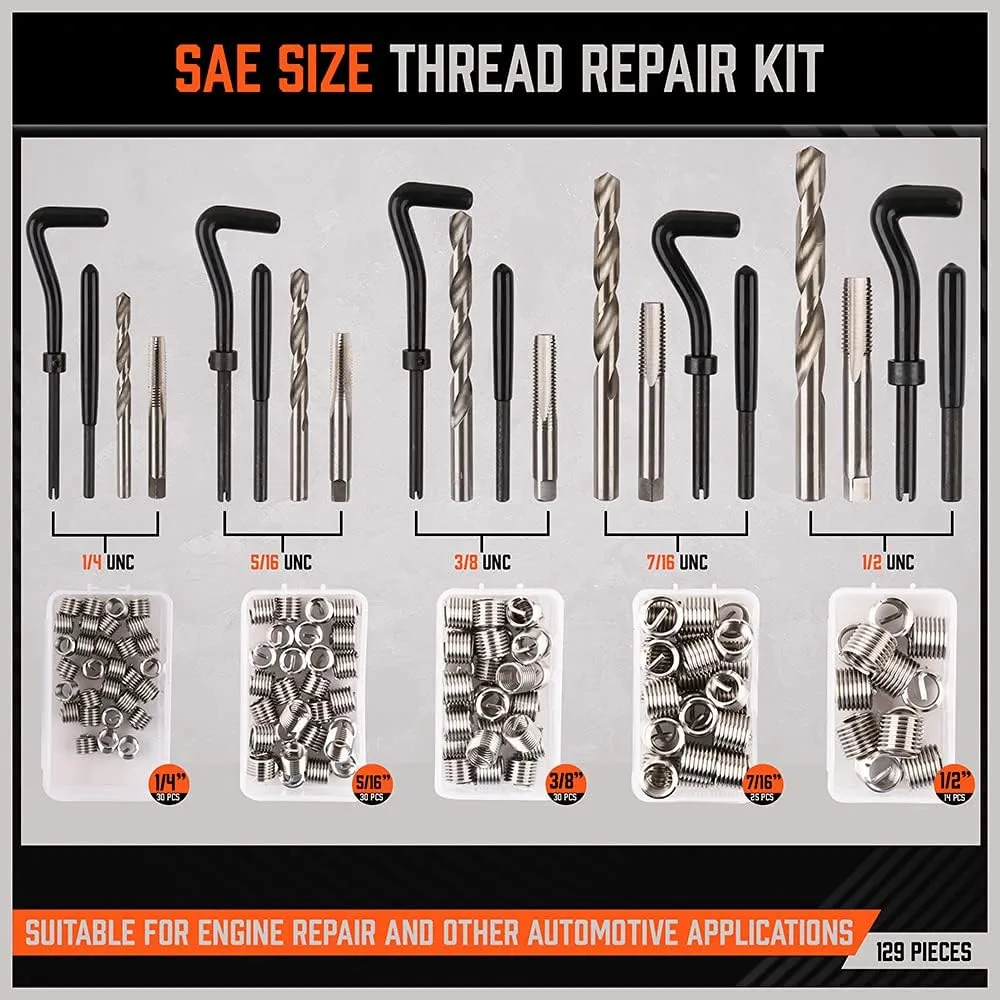 HORUSDY 300-Piece Thread Repair Kit, Metric & SAE, HSS Drill Repair Kit, Metric: M5 M6 M8 M10 M12 | SAE: 1/4" 5/16" 3/8" 7/16" 1/2"