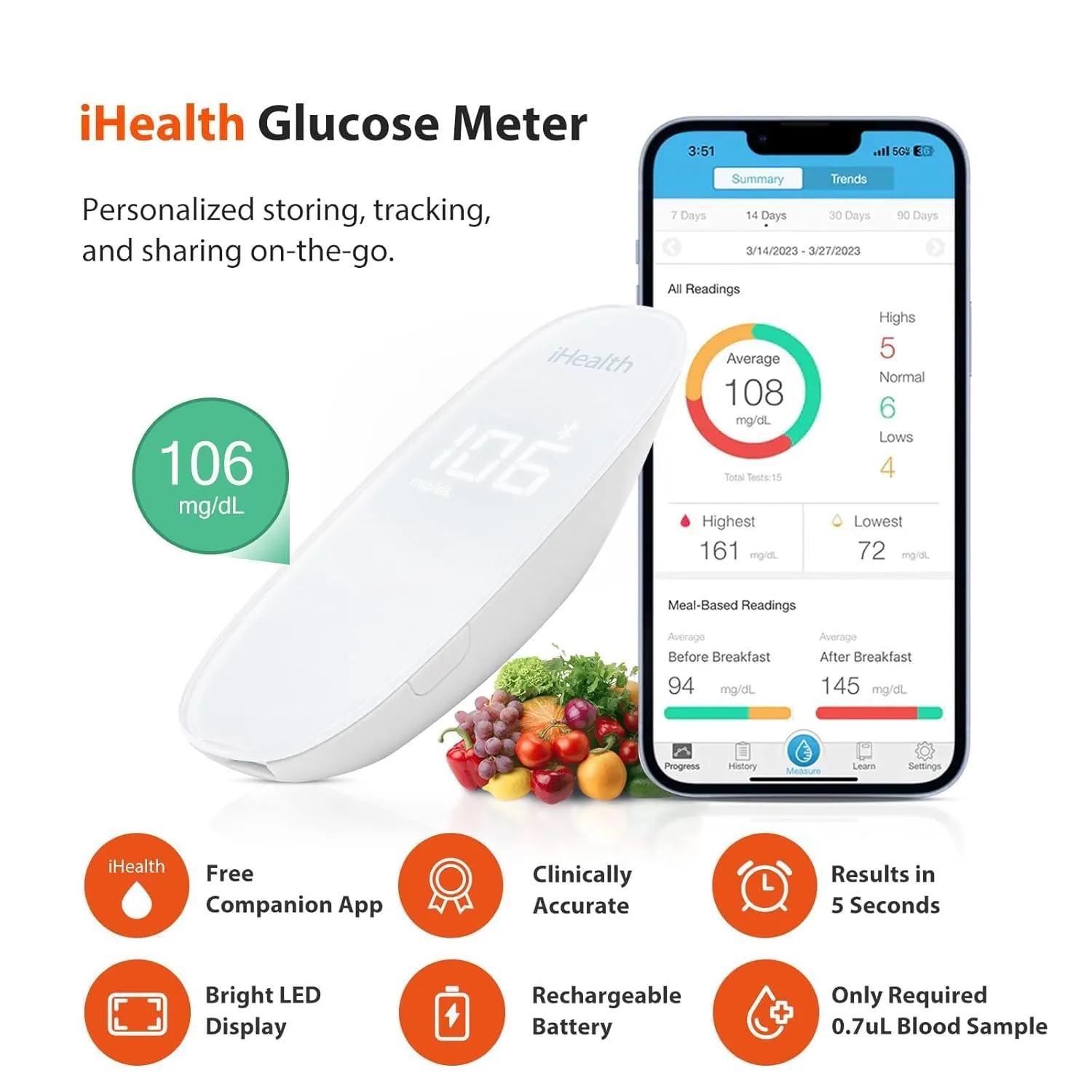 iHealth Gluco  Wireless Smart Blood Glucose Monitor Kit with Free App, 100 Glucometer Strips, 100 Lancets, 1 Blood Sugar Monitor, 1 Lancing Device, Portable Diabetes Testing Kit for Home Use