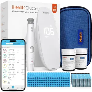iHealth Gluco  Wireless Smart Blood Glucose Monitor Kit with Free App, 100 Glucometer Strips, 100 Lancets, 1 Blood Sugar Monitor, 1 Lancing Device, Portable Diabetes Testing Kit for Home Use