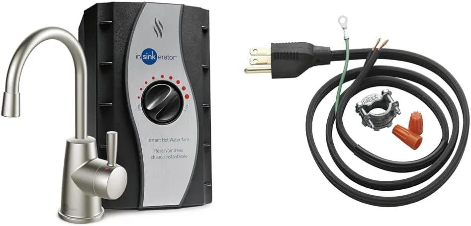 InSinkErator HOT250 Instant Hot Water Dispenser System, Single-Handle Faucet in Satin Nickel with 2/3-Gallon Stainless Steel Tank, H250SN-SS & Garbage Disposal Power Cord Kit, CRD-00
