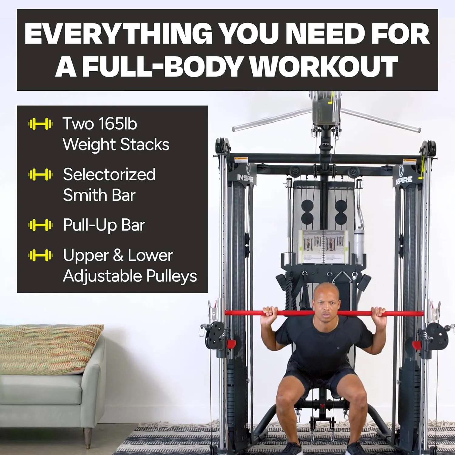 Inspire Fitness FT2 Functional Trainer & Smith Machine Station   Bench & Leg Extension Attachment Bundle - at Home Workout Machine for Full Body Strength Training   Squat Exercises