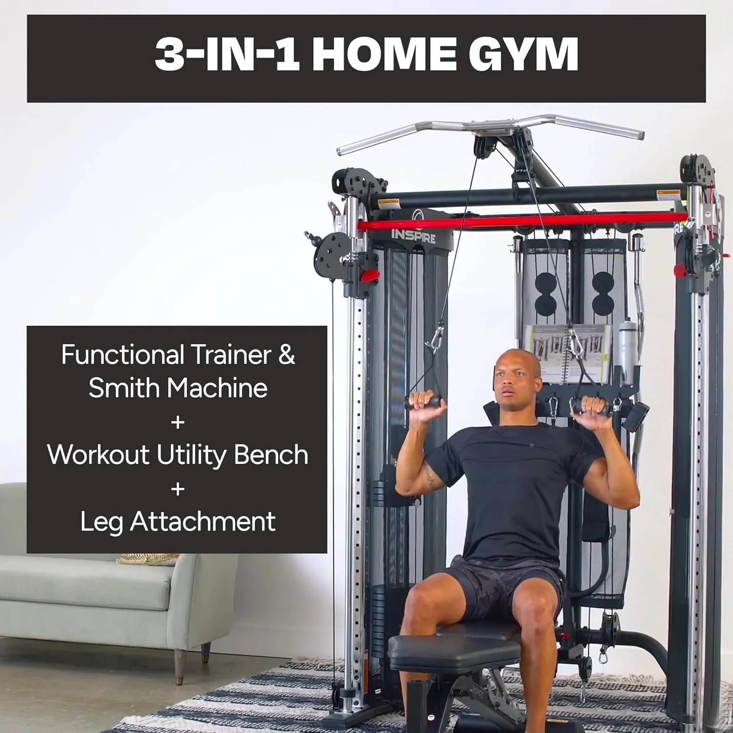 Inspire Fitness FT2 Functional Trainer & Smith Machine Station   Bench & Leg Extension Attachment Bundle - at Home Workout Machine for Full Body Strength Training   Squat Exercises