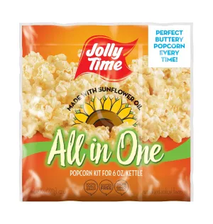JOLLY TIME All in One Popcorn Kit with Sunflower Oil, Portion Packets with Kernels, Sunflower Oil and Salt for Movie Theater or Air Popper Machines (24 pack, 6oz Kettle)