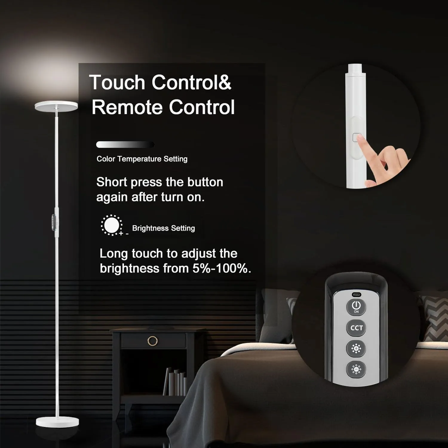 JOOFO Floor Lamp,30W/2400LM Sky LED Modern Torchiere 3 Color Temperatures Super Bright -Tall Standing Pole Light with Remote & Touch Control for Living Room,Bed Room,Office (Pearl White)