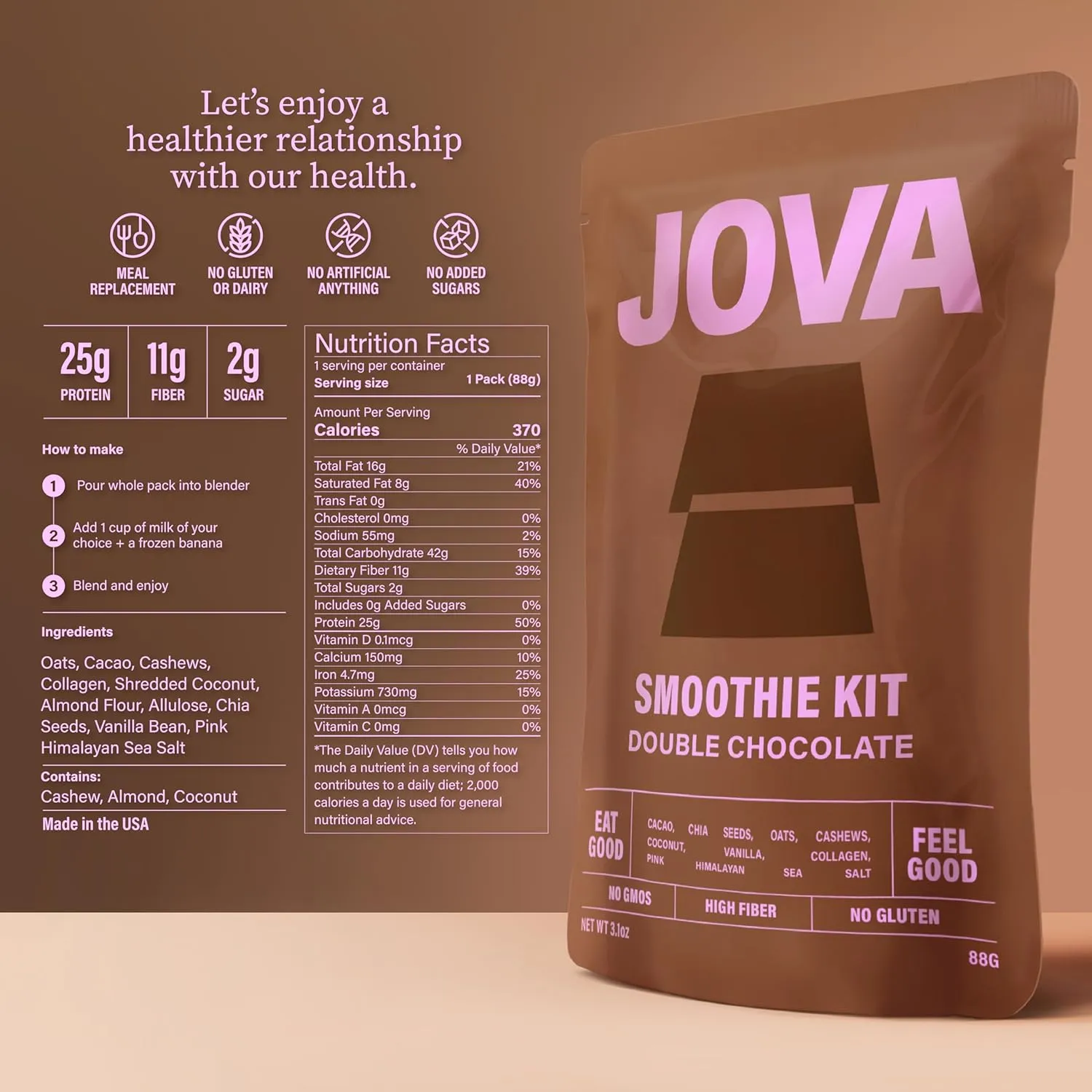 JOVA All-in-One Nutritious Superfood Meal Replacement | Delicious Whole Food Blend: Oats, Cacao, Cashews, Collagen & Chia Seed (25g Protein, 11g Fiber, 2g Sugar) | Double Chocolate, 6-Pack