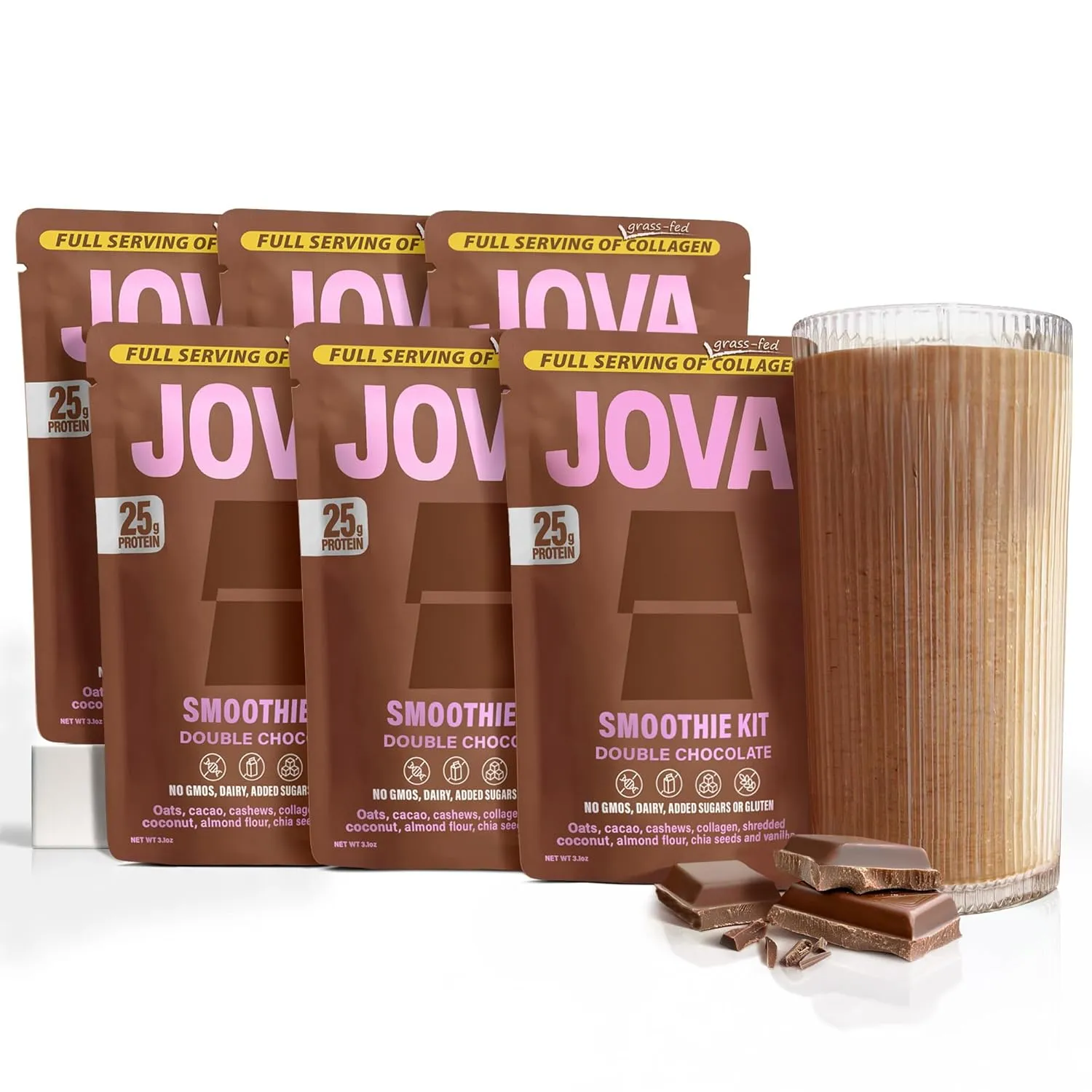 JOVA All-in-One Nutritious Superfood Meal Replacement | Delicious Whole Food Blend: Oats, Cacao, Cashews, Collagen & Chia Seed (25g Protein, 11g Fiber, 2g Sugar) | Double Chocolate, 6-Pack