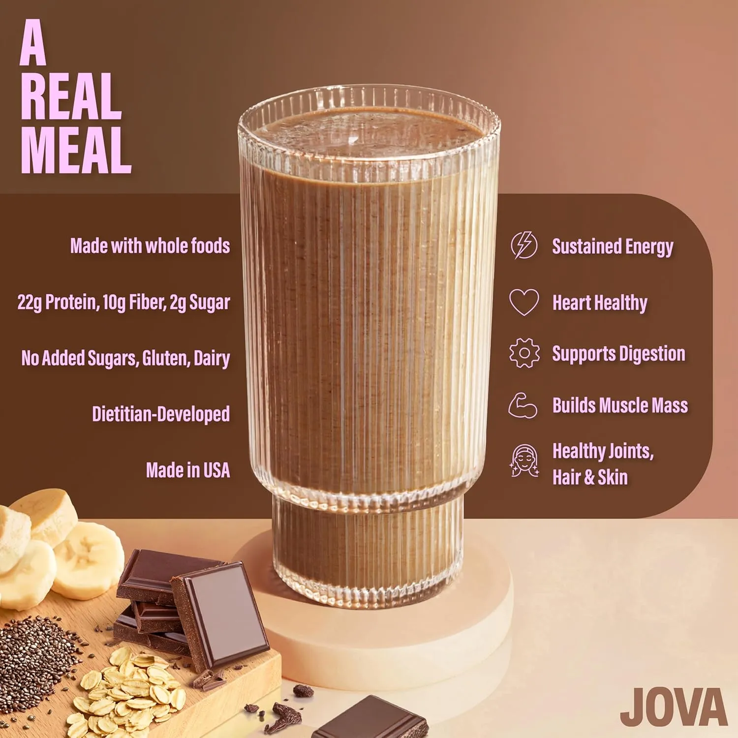 JOVA All-in-One Nutritious Superfood Meal Replacement | Delicious Whole Food Blend: Oats, Cacao, Cashews, Collagen & Chia Seed (25g Protein, 11g Fiber, 2g Sugar) | Double Chocolate, 6-Pack