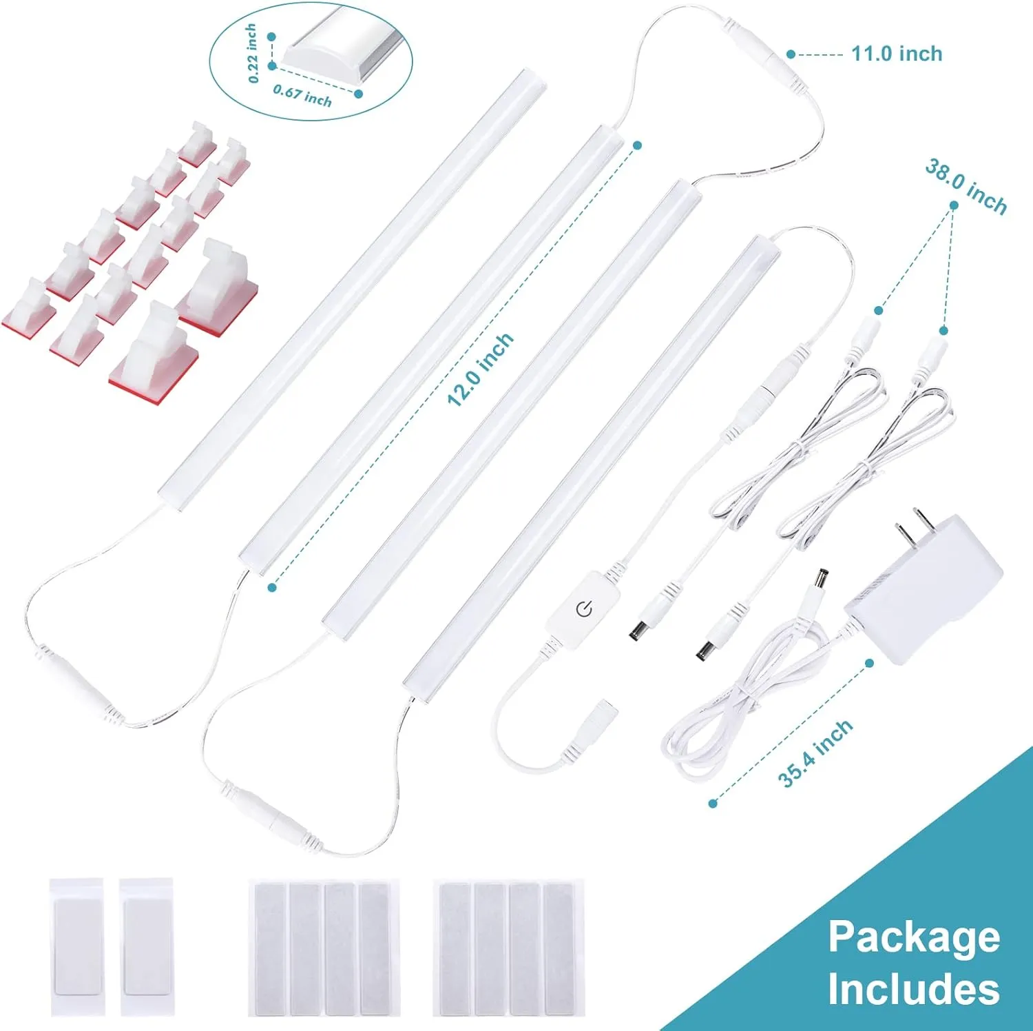 JUSJUBR Under Cabinet Lights Plug-in Daylight White 4000K, Dimmable LED Under Cabinet Lighting, 4pcs 12 Inch Under-Counter Light Fixtures with Memory Function, Linkable LED Cabinet Light for Kitchen