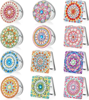 Kigley 12 Pcs Mandala Makeup Diamond Painting Mirror DIY Pocket Mirror Compact Diamond Art Kits for Adults Portable Crystal Magnifying Folding Purse Mirror for Beginners Women Man Crafts
