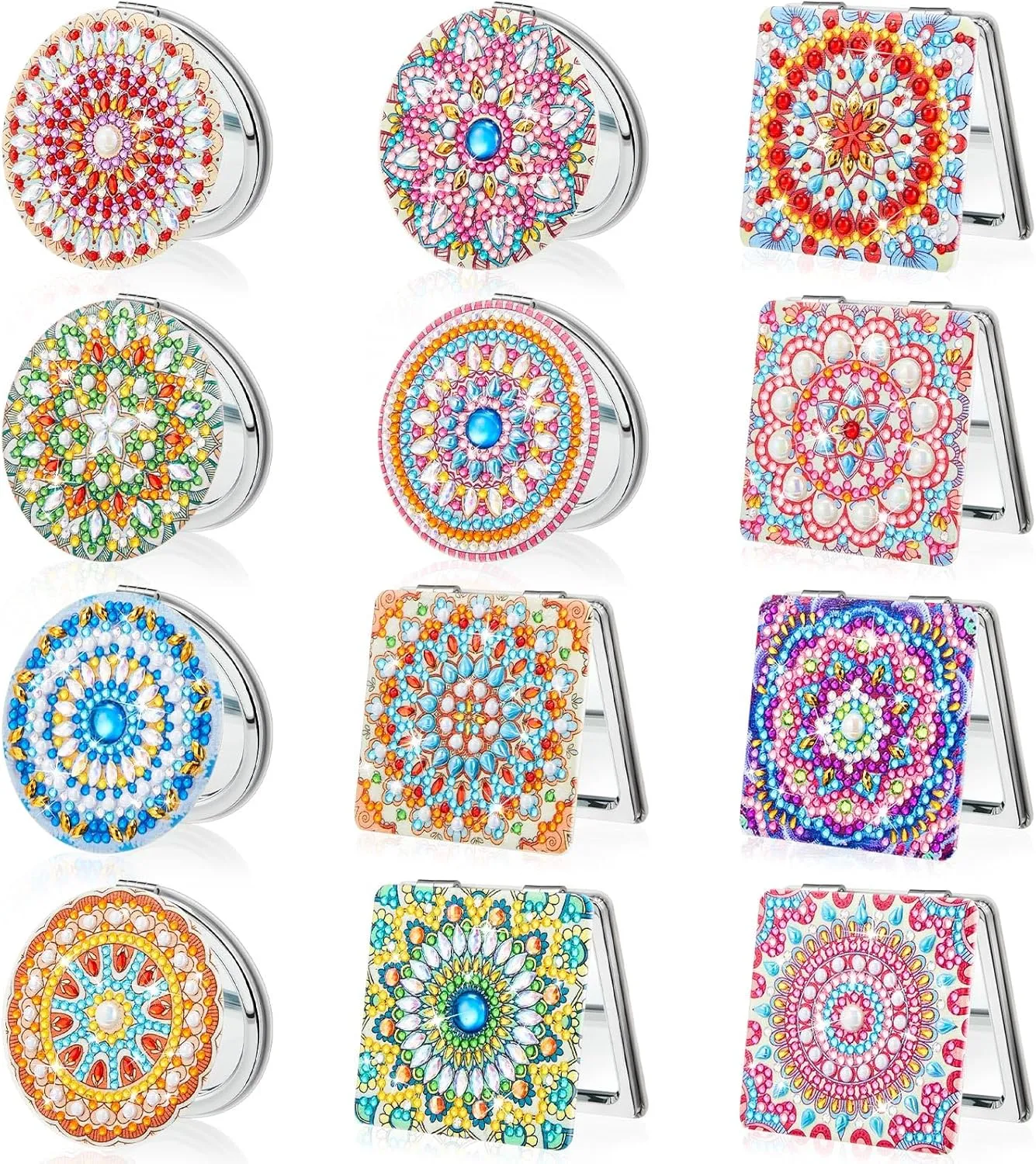 Kigley 12 Pcs Mandala Makeup Diamond Painting Mirror DIY Pocket Mirror Compact Diamond Art Kits for Adults Portable Crystal Magnifying Folding Purse Mirror for Beginners Women Man Crafts