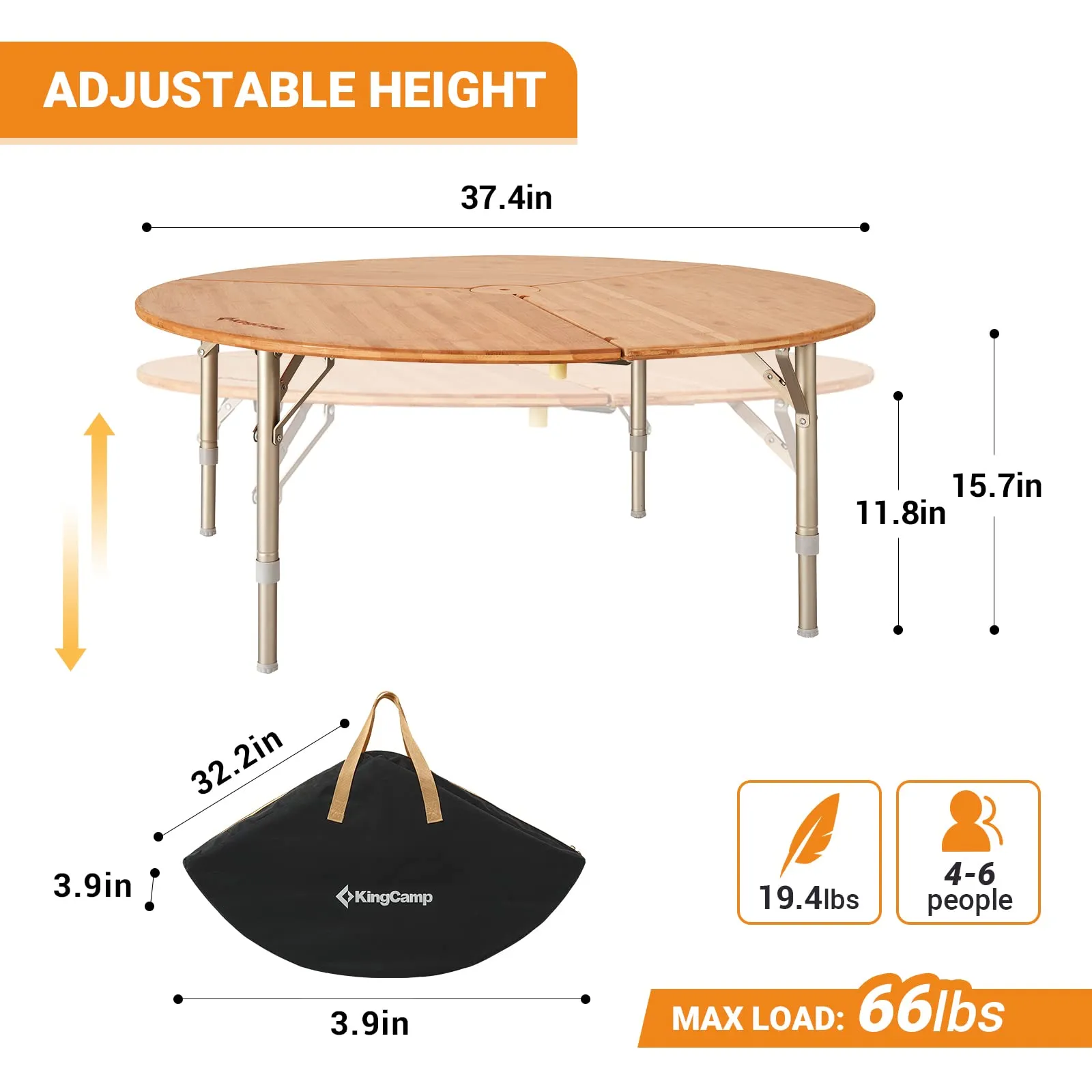 KingCamp BAMBOO 9595 3-Folding Bamboo Table Round