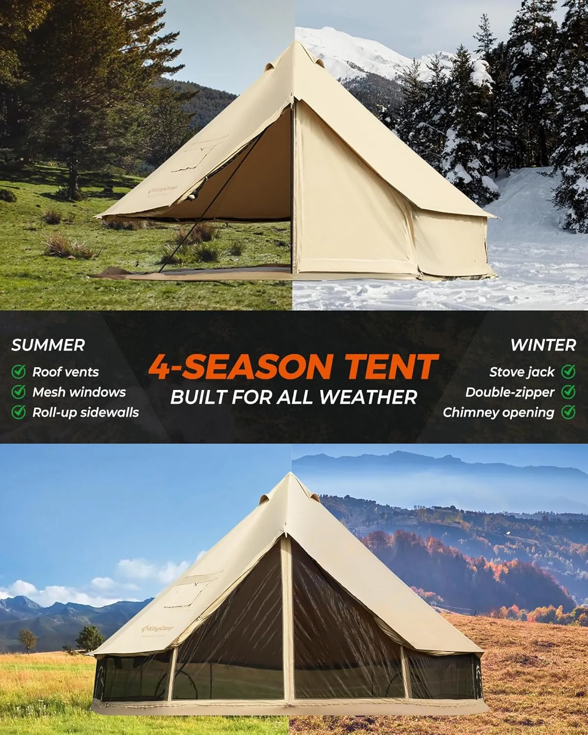 KingCamp Canvas Bell Yurt Tents, 4 Seasons Large Waterproof & Windproof Luxury Glamping Tent w/Stove Jack for Family Outdoor Camping, Hunting, Parties