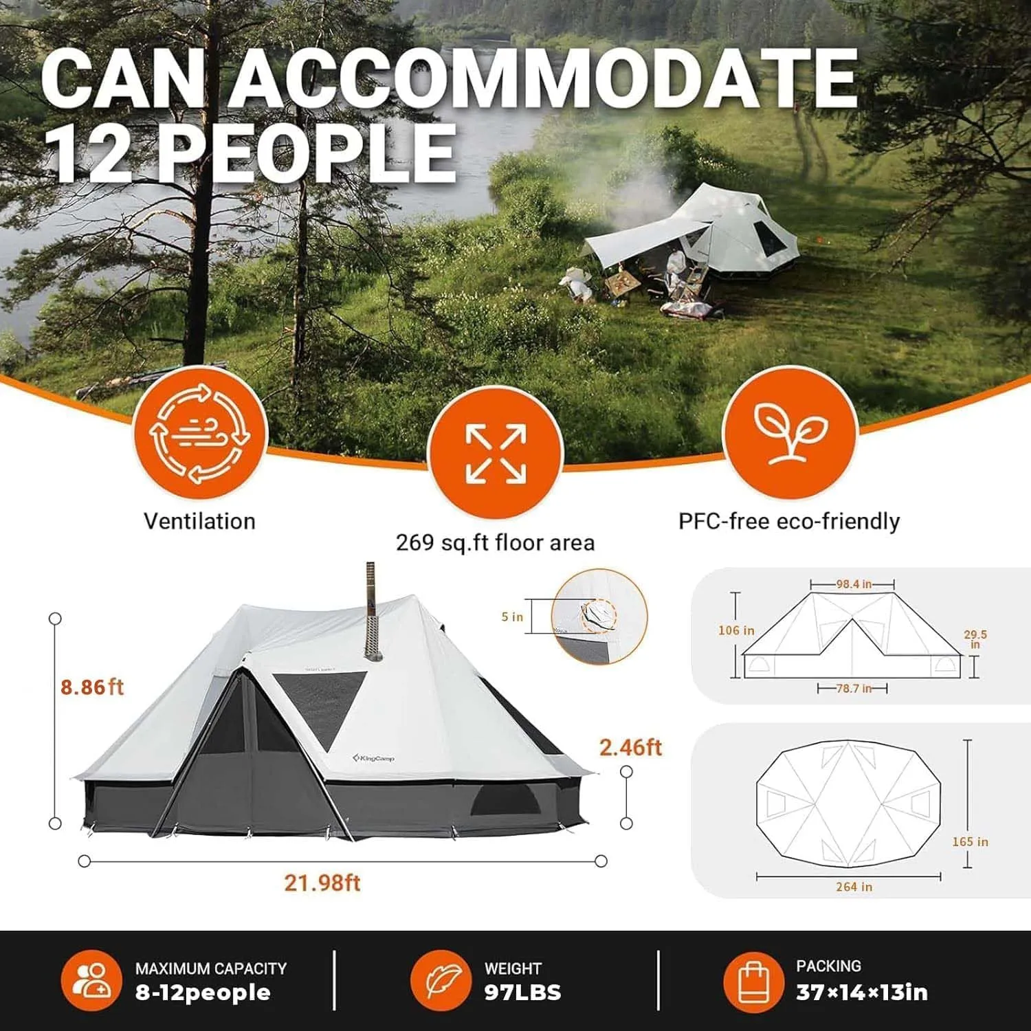 KingCamp Canvas Bell Yurt Tents, 4 Seasons Large Waterproof & Windproof Luxury Glamping Tent w/Stove Jack for Family Outdoor Camping, Hunting, Parties