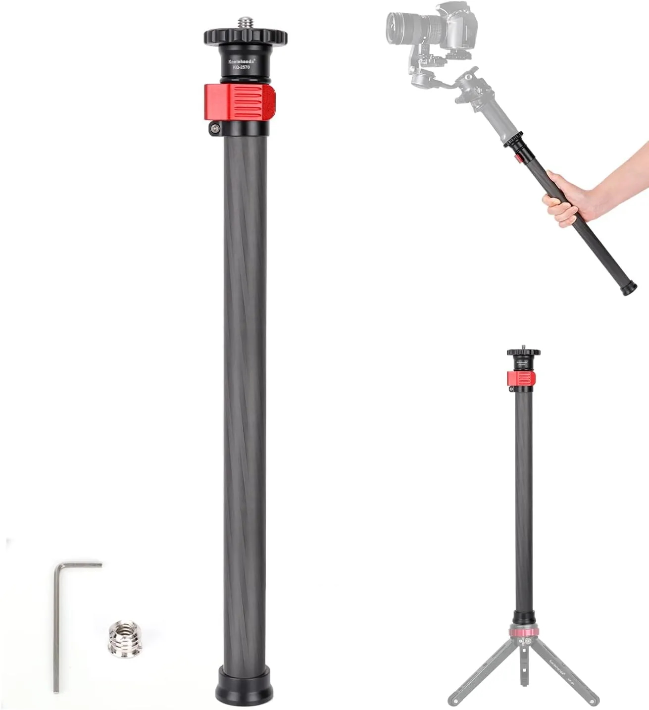 Koolehaoda Tripod Extension Pole Center Column Extender 28" Carbon Fiber Extender Tube Monopod Telescopic Stick Rod with 1/4" to 3/8" Screw Compatible with Tripod/Gimbal/Camera, Max Load 33lb