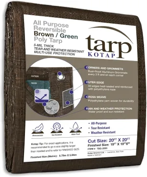 Kotap 20 x 20 Ft. All-Purpose Multi-Use Protection/Coverage 5-mil Poly Tarp, Reversible, Waterproof, Brown/Green, (TBG-2020)