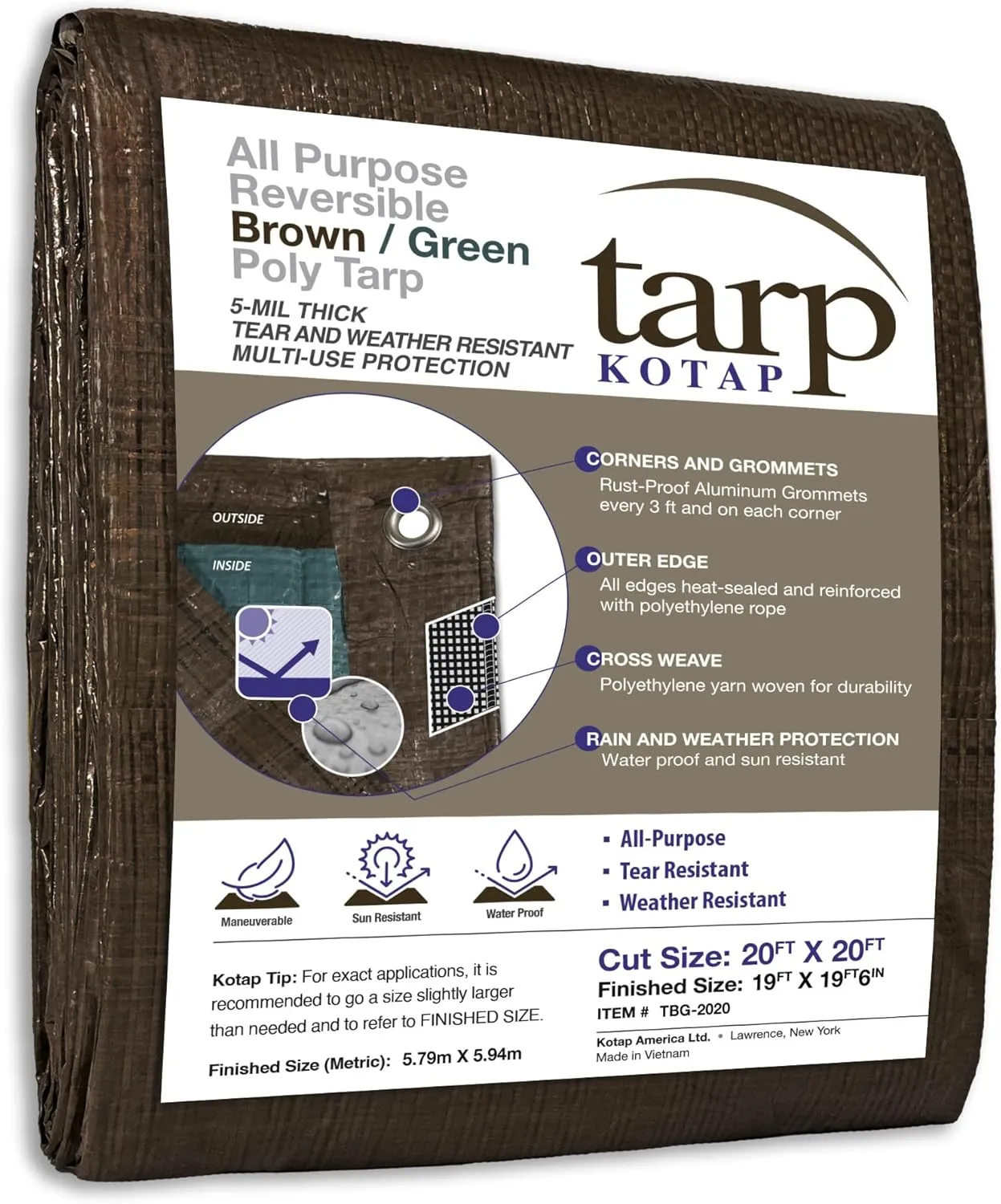 Kotap 20 x 20 Ft. All-Purpose Multi-Use Protection/Coverage 5-mil Poly Tarp, Reversible, Waterproof, Brown/Green, (TBG-2020)