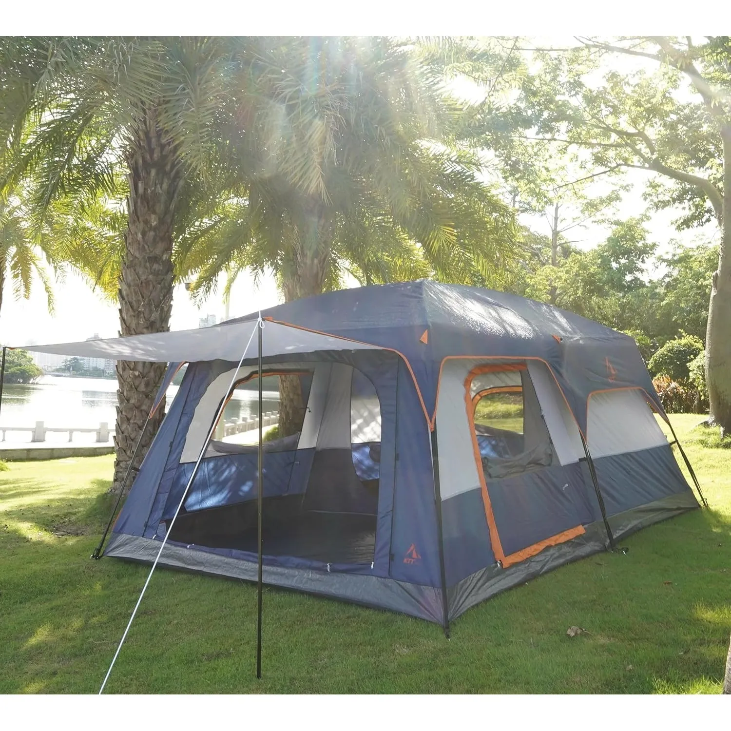 KTT Extra Large Tent 10-12-14 Person(Style-B),Family Cabin Tents,2 Rooms,3 Doors and 3 Windows with Mesh,Straight Wall,Waterproof,Double Layer,Big Tent for Outdoor,Picnic,Camping,Family Gathering