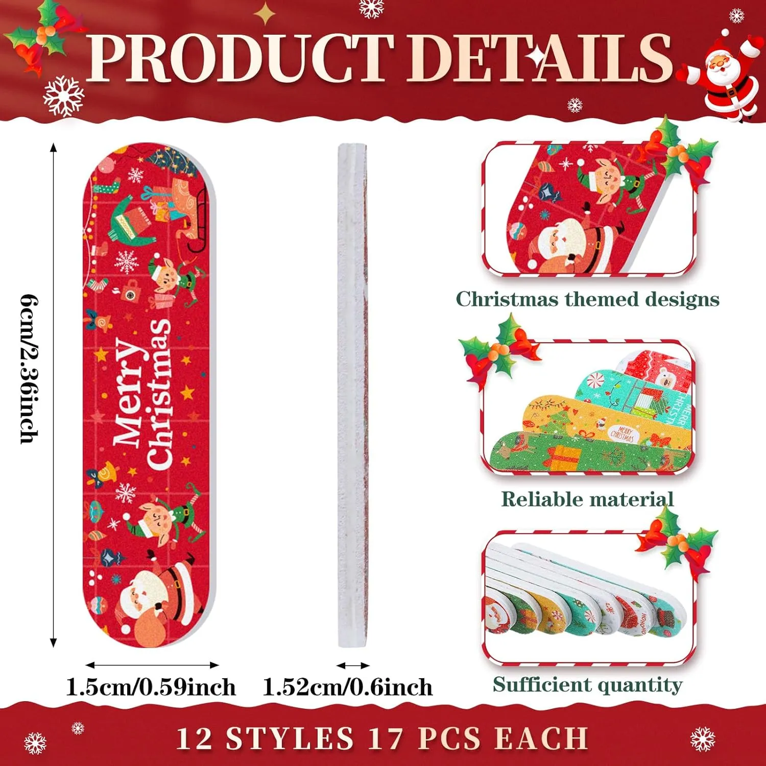Lasnten 204 Pcs Christmas Nail Files Gift Bulk Santa Emery Boards Hat Filler Manicure Tools for Christmas Stocking Stuffer Xmas Party Favor