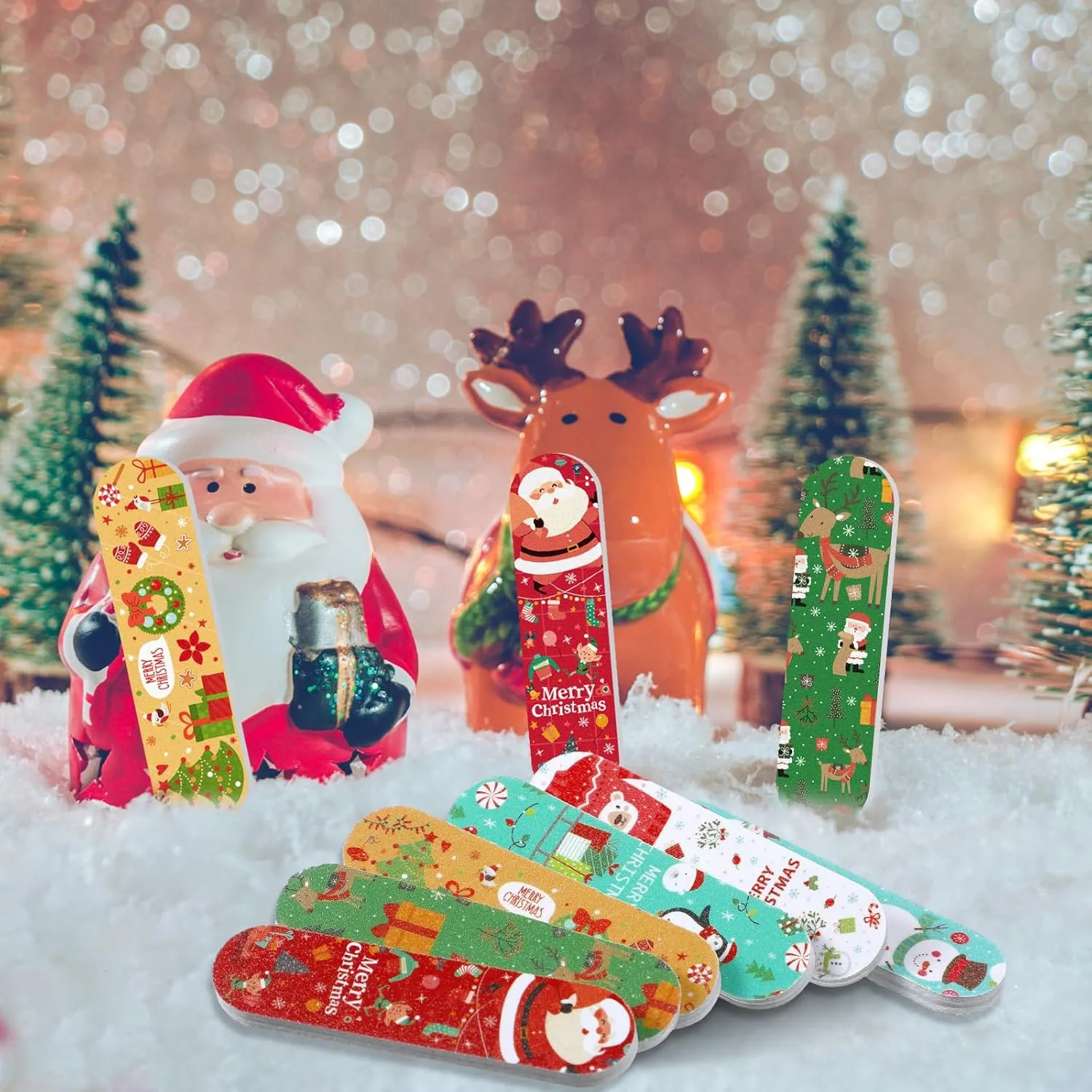 Lasnten 204 Pcs Christmas Nail Files Gift Bulk Santa Emery Boards Hat Filler Manicure Tools for Christmas Stocking Stuffer Xmas Party Favor