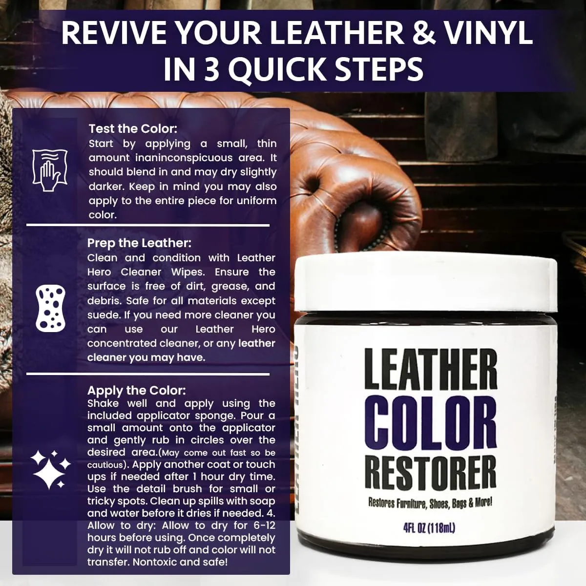 Leather Hero Leather Color Restorer for Couches, Leather Scratch Remover, Leather Couch Scratch Repair for Furniture and Car Seats - Complete Kit, Non-Toxic, Made in The USA (Medium Brown)